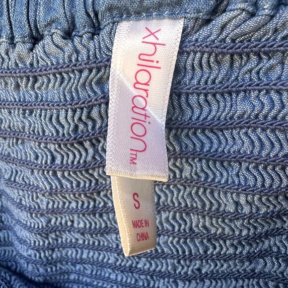 Off-The-Shoulder Chambray Dress With Floral Embroidery & Smocked Bodice Size S X - Picture 2 of 10